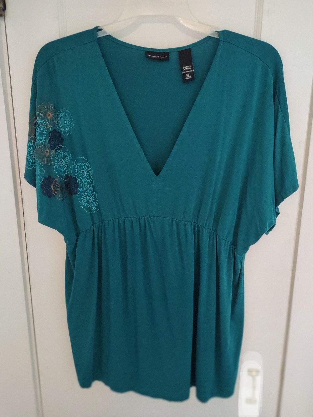 New York & Company Teal Green V-Neck Tunic Empire Waist